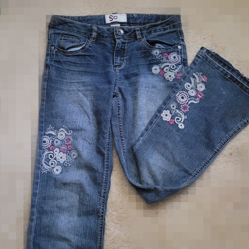 SO Women's Blue Flared Jeans with Floral Embroidery